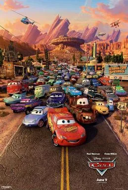 Theatrical poster for Pixar's Cars (2006) with Lightning McQueen on a Route 66 desert highway.