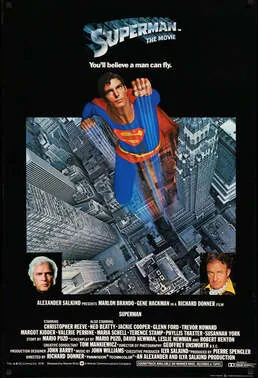 Theatrical poster for Superman: The Movie (1978) with Superman flying above the S-shield emblem.