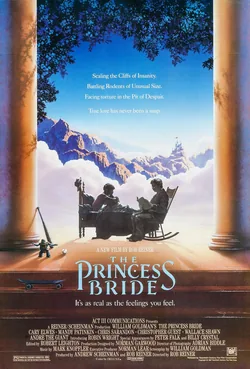Theatrical poster for The Princess Bride (1987) with Westley and Buttercup in a fairytale landscape.