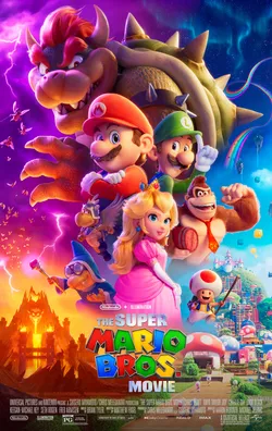 Theatrical poster for The Super Mario Bros. Movie (2023) showing Mario and friends gathered on a cliff above the Mushroom Kingdom.