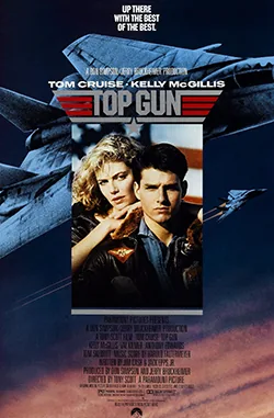 Theatrical poster for Top Gun (1986) showing Maverick in flight gear in front of an F-14 Tomcat.